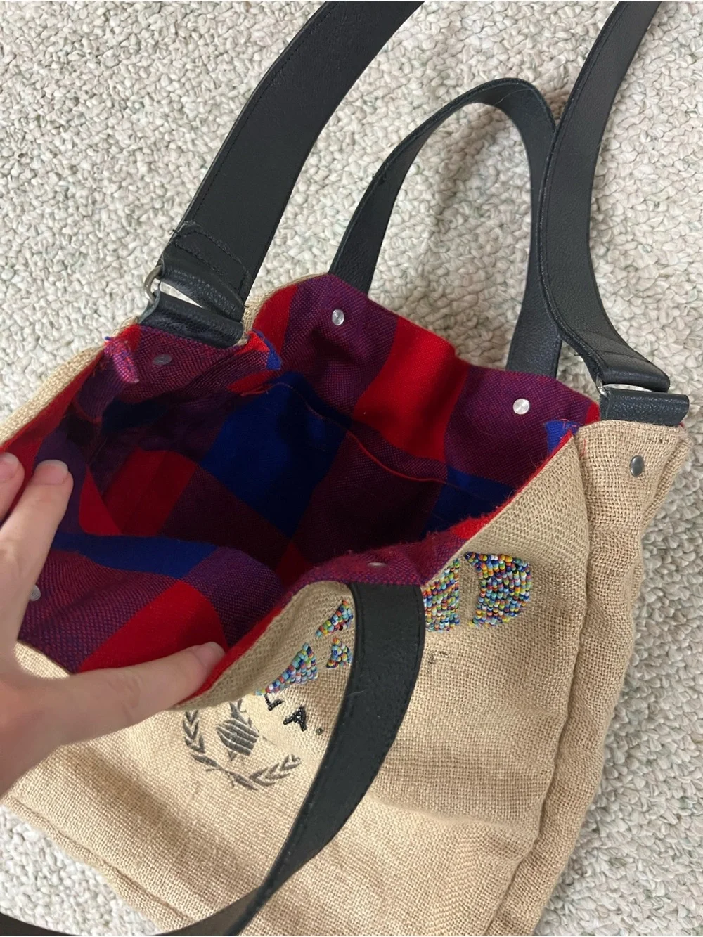 Beaded Lettering Kenya Jute Tote with Black Straps